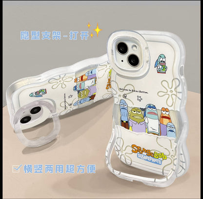 Cartoon SpongeBob Bikini Bottom Fish Characters Wavy Frame Phone Case, Transparent Aesthetic Shock Absorbing Phone Cover For All iPhone Models