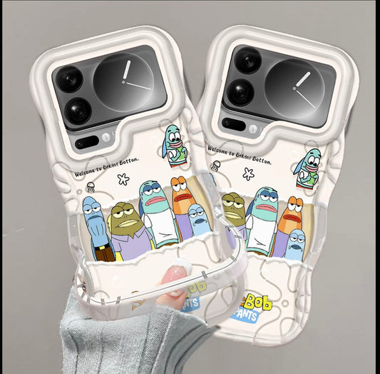 Cartoon SpongeBob Bikini Bottom Fish Characters Wavy Frame Phone Case, Transparent Aesthetic Shock Absorbing Phone Cover For All iPhone Models
