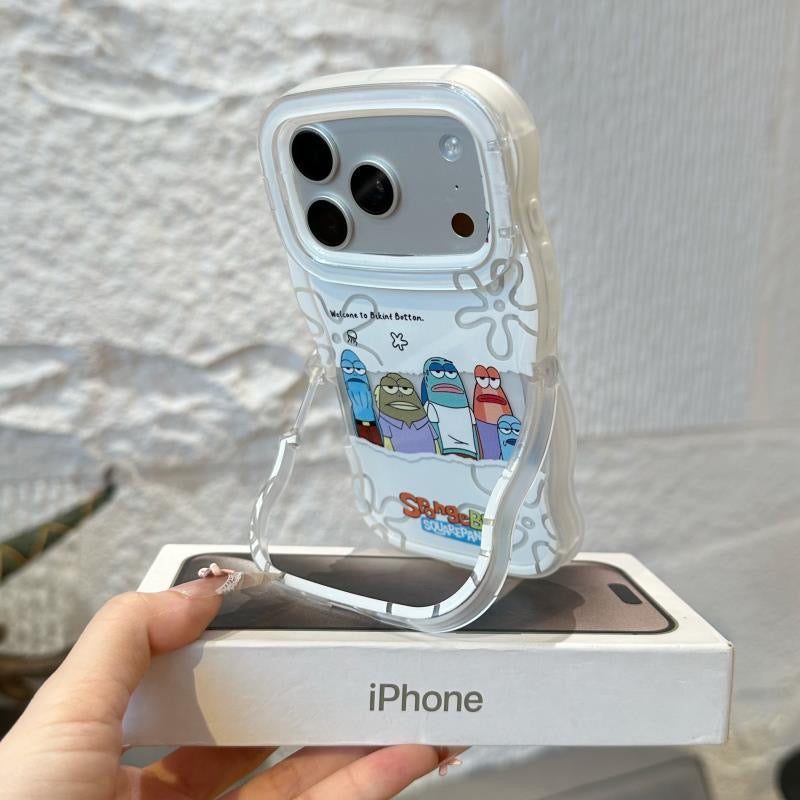 漫画 スポンジ・ボブのキャラクター 波型フレーム スマホケース、全iPhoneモデル対応 透明 美的 耐衝撃 スマホカバー
