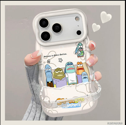 Cartoon SpongeBob Bikini Bottom Fish Characters Wavy Frame Phone Case, Transparent Aesthetic Shock Absorbing Phone Cover For All iPhone Models