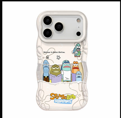 Cartoon SpongeBob Bikini Bottom Fish Characters Wavy Frame Phone Case, Transparent Aesthetic Shock Absorbing Phone Cover For All iPhone Models