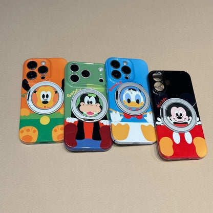 Glossy Cute Cartoon Phone Case with 360° Rotating Magnetic Ring Stand, Donald Duck / Goofy / Pluto / Mickey  Anti-drop Protective Case for iPhone
