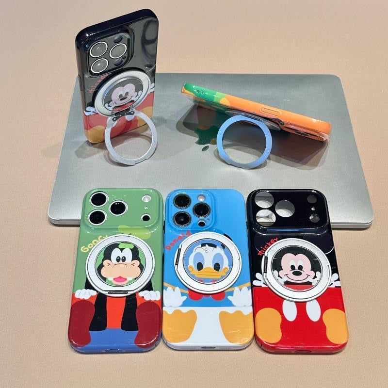 Glossy Cute Cartoon Phone Case with 360° Rotating Magnetic Ring Stand, Donald Duck / Goofy / Pluto / Mickey  Anti-drop Protective Case for iPhone