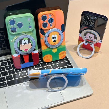 Glossy Cute Cartoon Phone Case with 360° Rotating Magnetic Ring Stand, Donald Duck / Goofy / Pluto / Mickey  Anti-drop Protective Case for iPhone