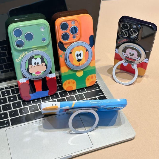 Funda de Teléfono Brillante con Bonito Diseño de Dibujos Animados y Soporte de Anillo Magnético Giratorio 360°, Donald Duck / Goofy / Pluto / Mickey Carcasa Protectora Anticaída para iPhone