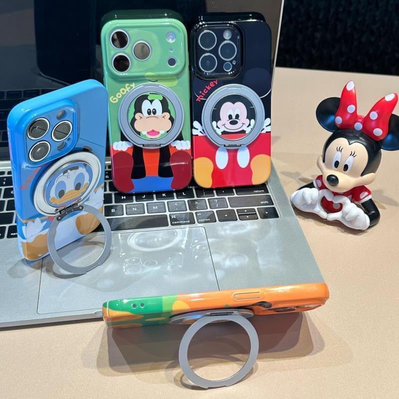 Glossy Cute Cartoon Phone Case with 360° Rotating Magnetic Ring Stand, Donald Duck / Goofy / Pluto / Mickey  Anti-drop Protective Case for iPhone