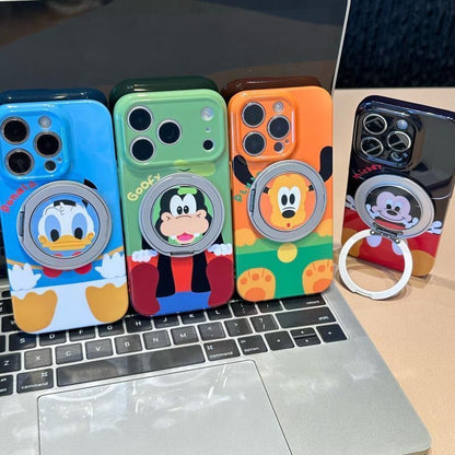 Glossy Cute Cartoon Phone Case with 360° Rotating Magnetic Ring Stand, Donald Duck / Goofy / Pluto / Mickey  Anti-drop Protective Case for iPhone