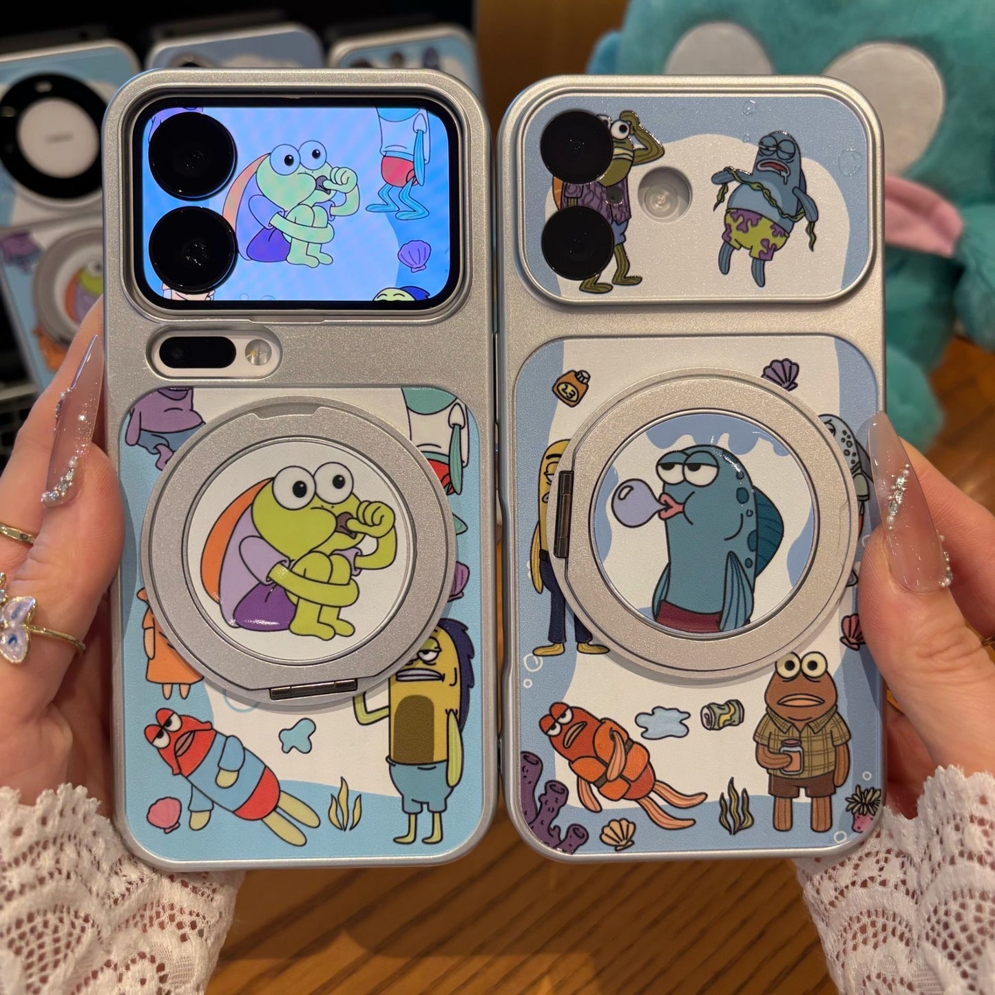 3D動く大きな目リングスタンド付き、可愛いカートゥーン黄色いキャラクターのスマホケース、光沢のある黄色い耐衝撃保護スマホカバー（iPhone全モデル対応）