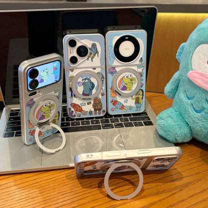 3D動く大きな目リングスタンド付き、可愛いカートゥーン黄色いキャラクターのスマホケース、光沢のある黄色い耐衝撃保護スマホカバー（iPhone全モデル対応）