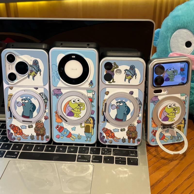 3D動く大きな目リングスタンド付き、可愛いカートゥーン黄色いキャラクターのスマホケース、光沢のある黄色い耐衝撃保護スマホカバー（iPhone全モデル対応）