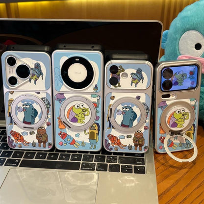 3D動く大きな目リングスタンド付き、可愛いカートゥーン黄色いキャラクターのスマホケース、光沢のある黄色い耐衝撃保護スマホカバー（iPhone全モデル対応）