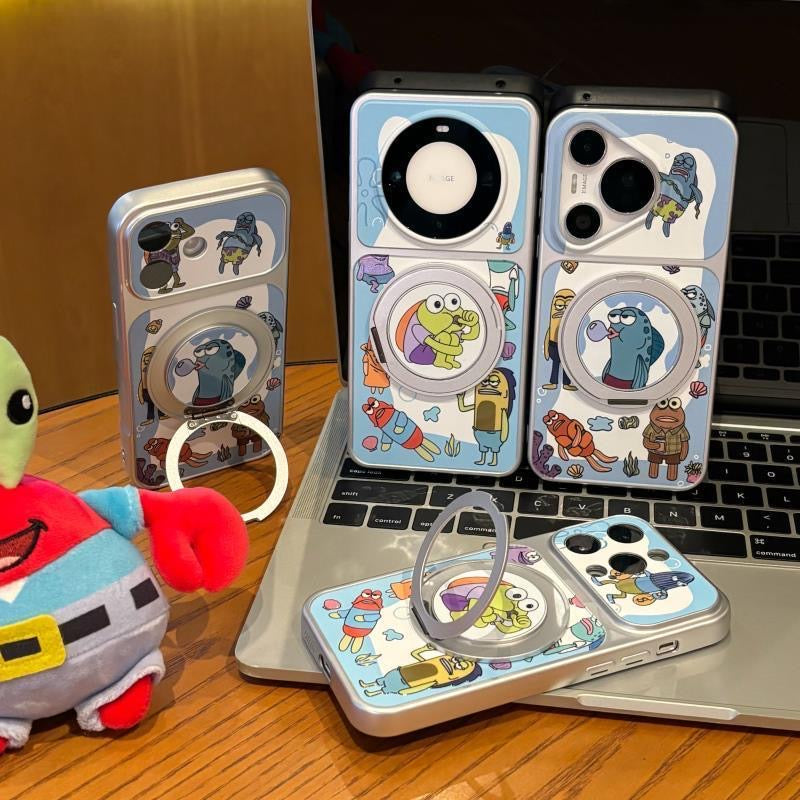 3D動く大きな目リングスタンド付き、可愛いカートゥーン黄色いキャラクターのスマホケース、光沢のある黄色い耐衝撃保護スマホカバー（iPhone全モデル対応）