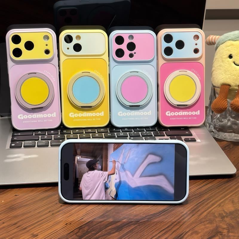 パステルソリッドカラー磁気リングキックスタンドフォンケース、360度回転式折りたたみスタンド耐衝撃保護カバー（iPhone用）