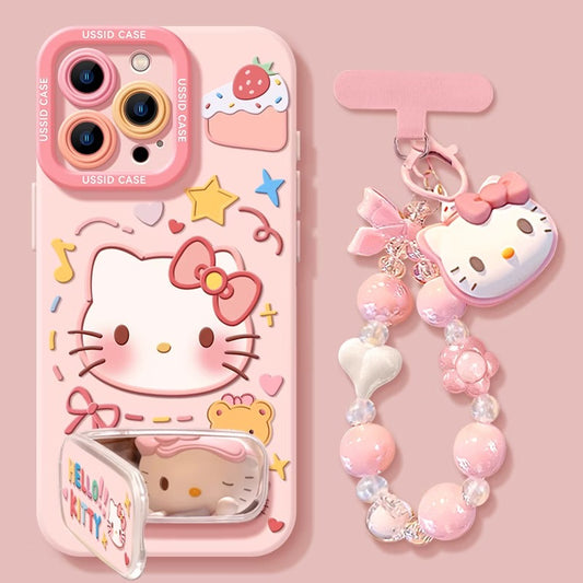 Aesthetic Kawaii  Kitty Phone Case Set – 3D Embossed Kitty Soft Silicone Cover With Foldable Makeup Mirror, Sweet Pink Beaded Hello Kitty Bracelet Wrist Strap, Lovely Cartoon Cake Bear Pattern Protective Shell For iPhone