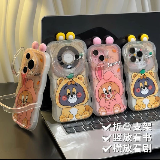 Funda de teléfono con orejas de pompón en 3D de Tom y Jerry, con soporte plegable integrado, ondas, transparente, a prueba de golpes, con personaje de dibujos animados, para todos los modelos