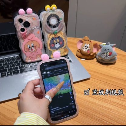 3D Pom Pom Ear Tom Jerry Cat Mouse Phone Case Built-in Foldable Stand Wave Clear Shockproof Cartoon Character Phone Cover For All Models