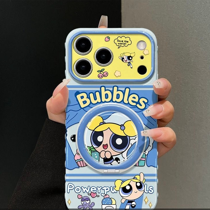 Cute Bubbles Powerpuff Girls  Phone Case, Cartoon Flip Lens Window Protective Cover with Foldable Ring Stand for iPhone