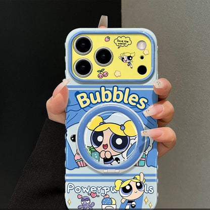 Cute Bubbles Powerpuff Girls  Phone Case, Cartoon Flip Lens Window Protective Cover with Foldable Ring Stand for iPhone