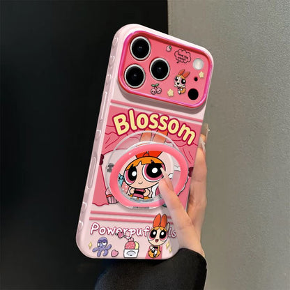 Cute Bubbles Powerpuff Girls  Phone Case, Cartoon Flip Lens Window Protective Cover with Foldable Ring Stand for iPhone