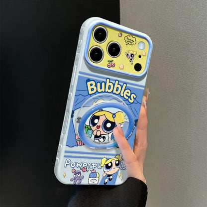 Cute Bubbles Powerpuff Girls  Phone Case, Cartoon Flip Lens Window Protective Cover with Foldable Ring Stand for iPhone