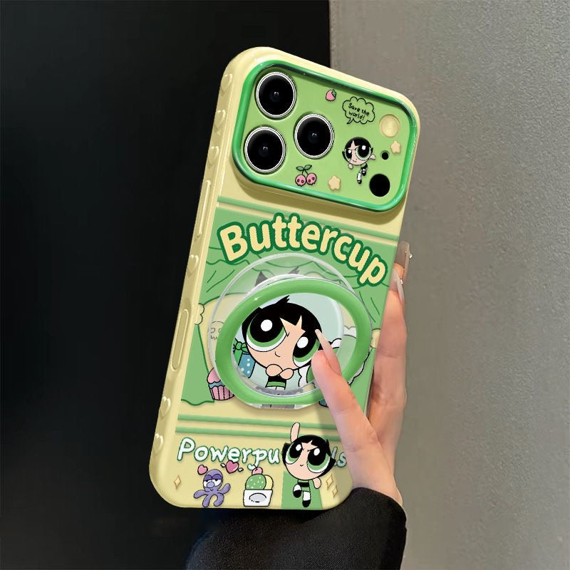 Cute Bubbles Powerpuff Girls  Phone Case, Cartoon Flip Lens Window Protective Cover with Foldable Ring Stand for iPhone