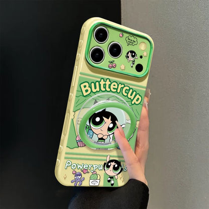 Cute Bubbles Powerpuff Girls  Phone Case, Cartoon Flip Lens Window Protective Cover with Foldable Ring Stand for iPhone