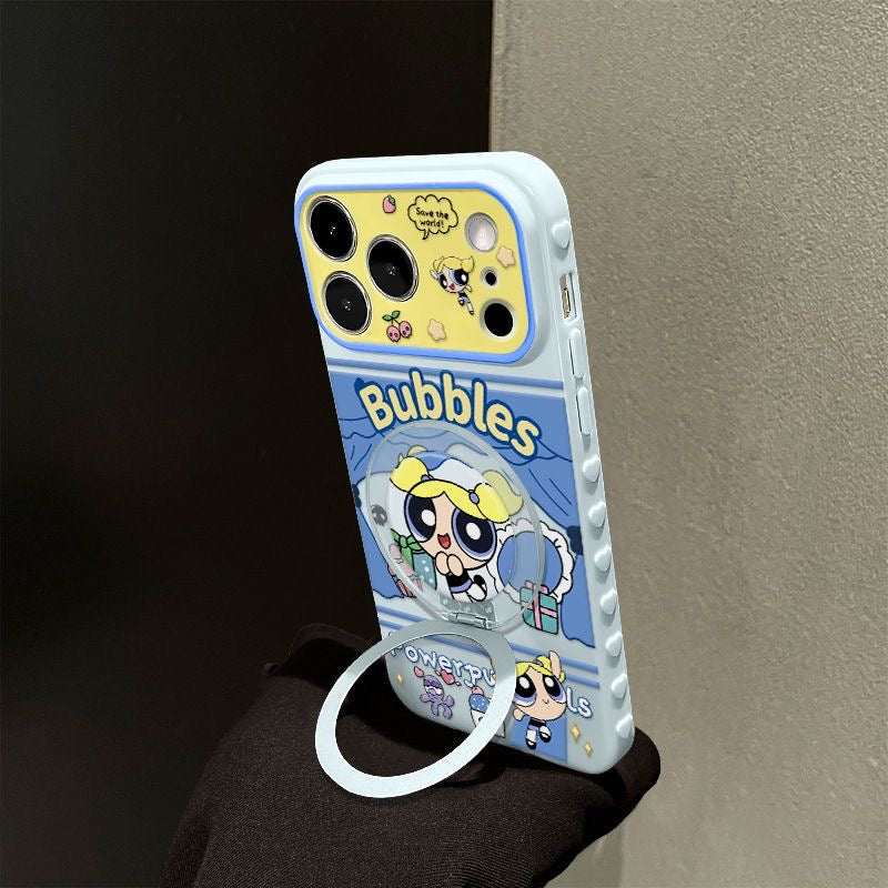 Cute Bubbles Powerpuff Girls  Phone Case, Cartoon Flip Lens Window Protective Cover with Foldable Ring Stand for iPhone