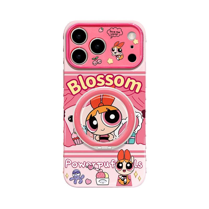 Cute Bubbles Powerpuff Girls  Phone Case, Cartoon Flip Lens Window Protective Cover with Foldable Ring Stand for iPhone