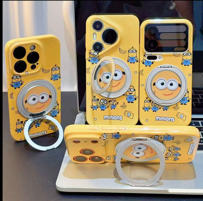 3D動く大きな目リングスタンド付き、可愛いカートゥーン黄色いキャラクターのスマホケース、光沢のある黄色い耐衝撃保護スマホカバー（iPhone全モデル対応）