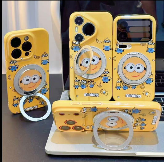 Funda de teléfono magnética con anillo kawaii de Minions amarillos, soporte abatible, dibujos animados de Minions, a prueba de golpes, anticaídas, compatible con iPhone