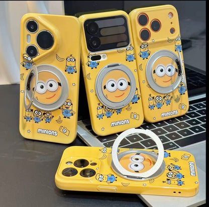 3D動く大きな目リングスタンド付き、可愛いカートゥーン黄色いキャラクターのスマホケース、光沢のある黄色い耐衝撃保護スマホカバー（iPhone全モデル対応）