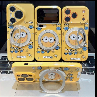 3D動く大きな目リングスタンド付き、可愛いカートゥーン黄色いキャラクターのスマホケース、光沢のある黄色い耐衝撃保護スマホカバー（iPhone全モデル対応）