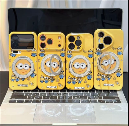 3D動く大きな目リングスタンド付き、可愛いカートゥーン黄色いキャラクターのスマホケース、光沢のある黄色い耐衝撃保護スマホカバー（iPhone全モデル対応）