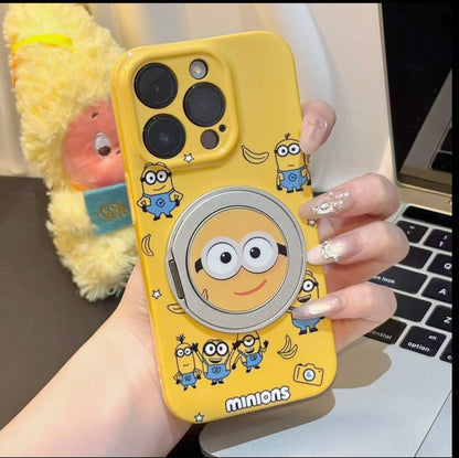 3D動く大きな目リングスタンド付き、可愛いカートゥーン黄色いキャラクターのスマホケース、光沢のある黄色い耐衝撃保護スマホカバー（iPhone全モデル対応）