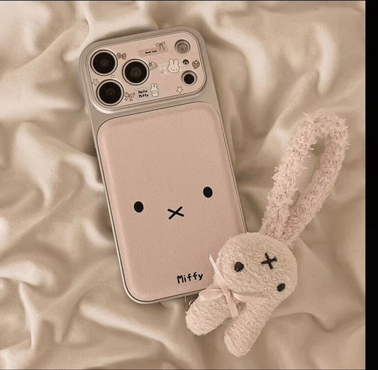 Funda para teléfono Kawaii con diseño de conejo Miffy rosa, cubierta protectora con ventana de cámara grande y colgante de conejo de peluche desmontable, carcasa a prueba de golpes para iPhone