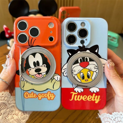 光沢のある可愛い漫画のスマホケース、360°回転磁気リングスタンド付き、ドナルドダック/グーフィー/プルート/ミッキー 耐衝撃保護ケース iPhone用