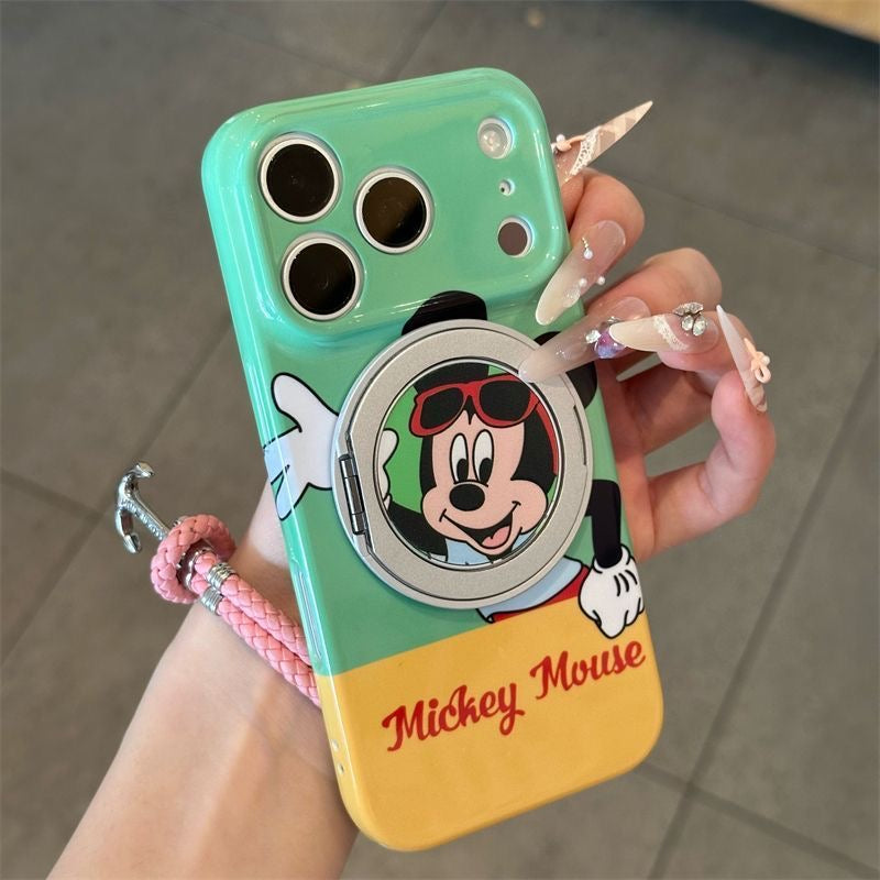 光沢のある可愛い漫画のスマホケース、360°回転磁気リングスタンド付き、ドナルドダック/グーフィー/プルート/ミッキー 耐衝撃保護ケース iPhone用