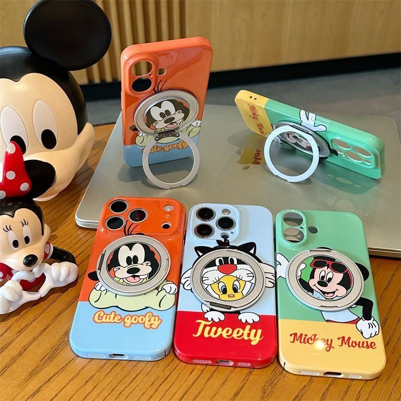 光沢のある可愛い漫画のスマホケース、360°回転磁気リングスタンド付き、ドナルドダック/グーフィー/プルート/ミッキー 耐衝撃保護ケース iPhone用