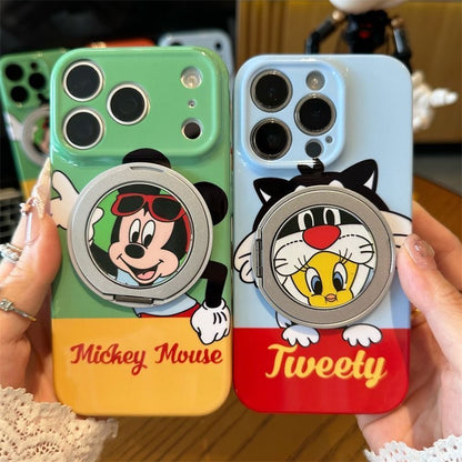 光沢のある可愛い漫画のスマホケース、360°回転磁気リングスタンド付き、ドナルドダック/グーフィー/プルート/ミッキー 耐衝撃保護ケース iPhone用