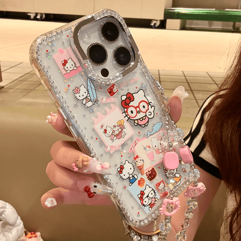 Cute Clear Glitter  Kitty Phone Case, Diamond Rhinestone Camera Frame Protective Cover With Detachable Pink Bead Bracelet Charm for iPhone