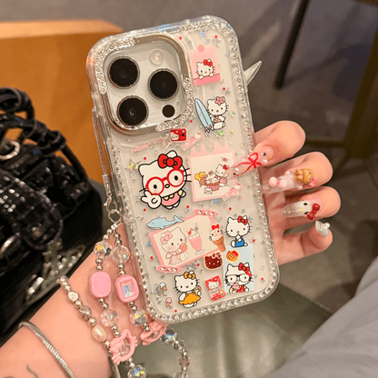 Cute Clear Glitter  Kitty Phone Case, Diamond Rhinestone Camera Frame Protective Cover With Detachable Pink Bead Bracelet Charm for iPhone