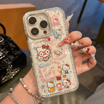 Cute Clear Glitter  Kitty Phone Case, Diamond Rhinestone Camera Frame Protective Cover With Detachable Pink Bead Bracelet Charm for iPhone