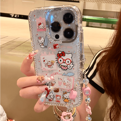 Cute Clear Glitter  Kitty Phone Case, Diamond Rhinestone Camera Frame Protective Cover With Detachable Pink Bead Bracelet Charm for iPhone