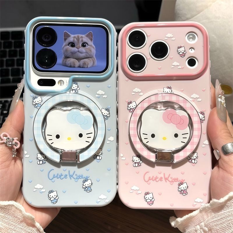 ピンクブルー 猫 折りたたみ式スタンド スマホケース、可愛い猫柄 耐衝撃性ソフトシェル マグネット式ブラケット付き 全機種対応