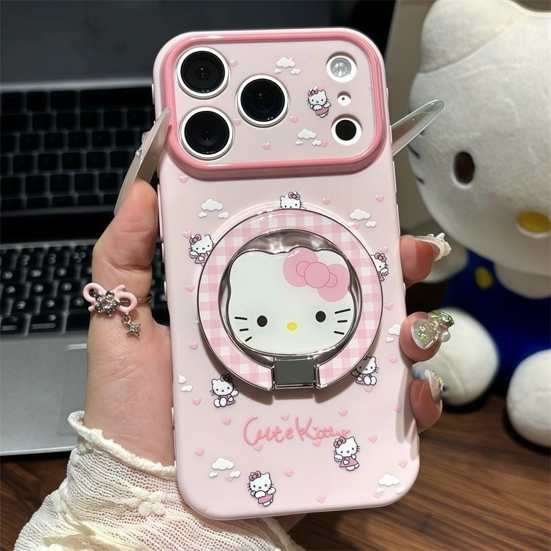 ピンクブルー 猫 折りたたみ式スタンド スマホケース、可愛い猫柄 耐衝撃性ソフトシェル マグネット式ブラケット付き 全機種対応
