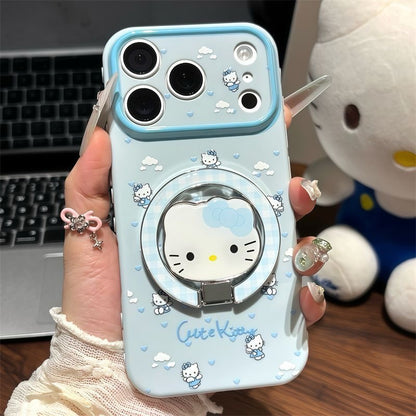 ピンクブルー 猫 折りたたみ式スタンド スマホケース、可愛い猫柄 耐衝撃性ソフトシェル マグネット式ブラケット付き 全機種対応