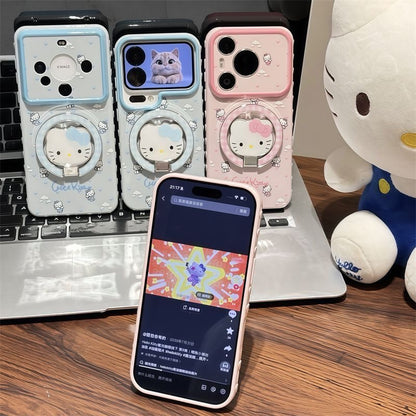 ピンクブルー 猫 折りたたみ式スタンド スマホケース、可愛い猫柄 耐衝撃性ソフトシェル マグネット式ブラケット付き 全機種対応