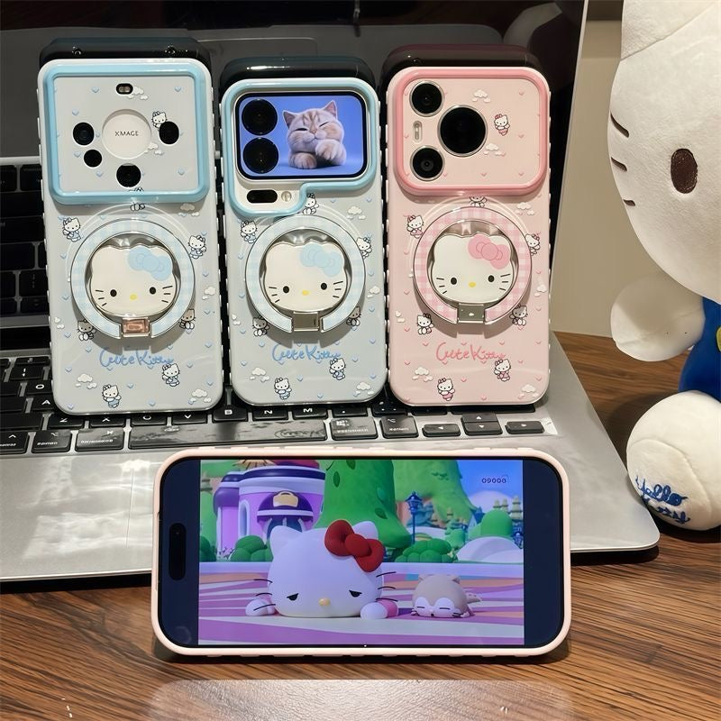 ピンクブルー 猫 折りたたみ式スタンド スマホケース、可愛い猫柄 耐衝撃性ソフトシェル マグネット式ブラケット付き 全機種対応