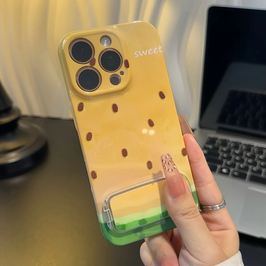 Summer Sweet Watermelon Design Phone Case Built-in Foldable Stand, Shockproof Soft Glossy Phone Cover