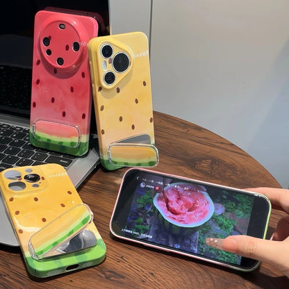 Summer Sweet Watermelon Design Phone Case Built-in Foldable Stand, Shockproof Soft Glossy Phone Cover